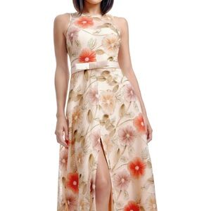 Dress the Population Floral Belted Maxi Dress in Cream and Coral